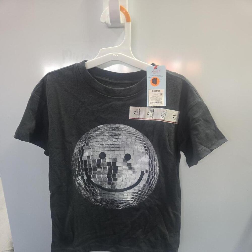 Cat & Jack Black kids tshirt with a silver disco ball smilie face size xs